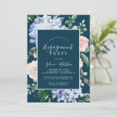 Elegant Blue Hydrangea | Navy Engagement Party Kaart (Staand voorkant)
