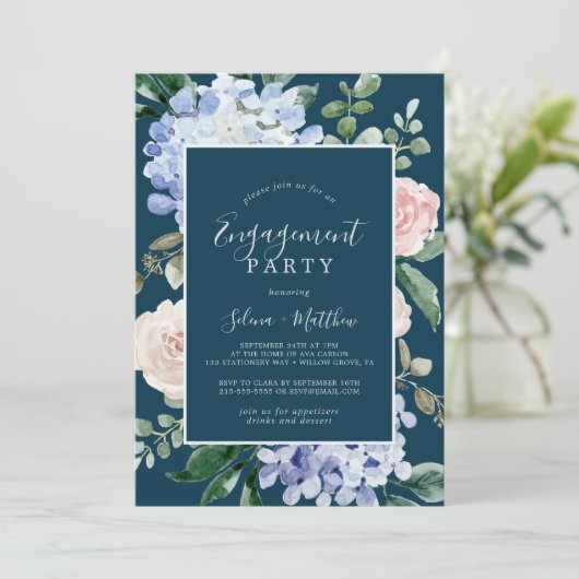 Elegant Blue Hydrangea | Navy Engagement Party Kaart (Staand voorkant)