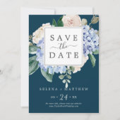 Elegant Blue Hydrangea | Navy Save the Date Kaart (Voorkant)