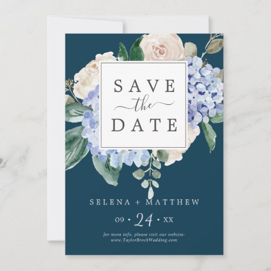 Elegant Blue Hydrangea | Navy Save the Date Kaart (Voorkant)
