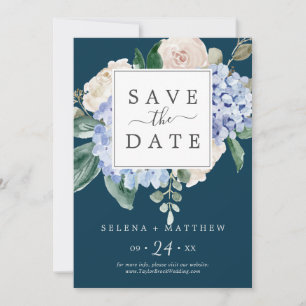 Elegant Blue Hydrangea   Navy Save the Date Kaart