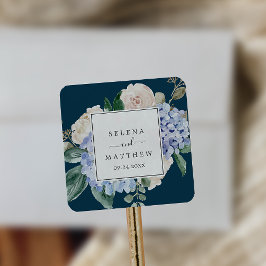 Elegant Blue Hydrangea Navy Wedding Envelope Seals Vierkante Sticker