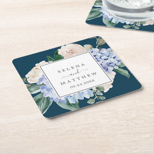 Elegant Blue Hydrangea Navy Wedding Kartonnen Onderzetters (Schuin)