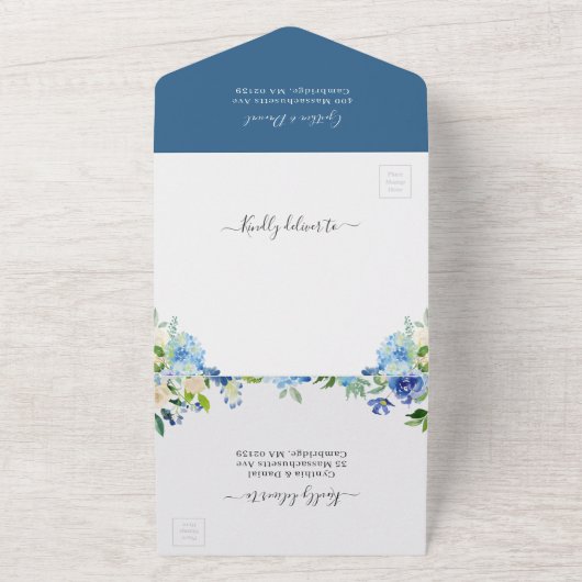 Elegant Blue Hydrangea Pastel Floral Wedding All In One Uitnodiging (Buitenkant)