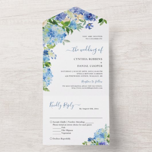 Elegant Blue Hydrangea Pastel Floral Wedding All In One Uitnodiging (Binnen)