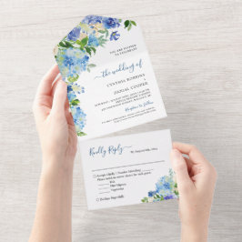 Elegant Blue Hydrangea Pastel Floral Wedding All In One Uitnodiging