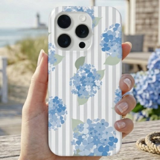 Elegant Blue Hydrangea Pattern Gray Stripe  iPhone Hoesje