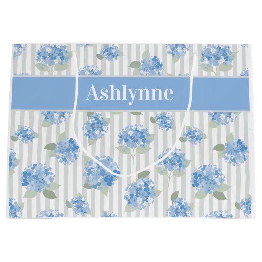 Elegant Blue Hydrangea Pattern Gray Stripe Name Groot Cadeauzakje (Voorkant)