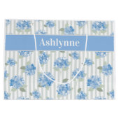 Elegant Blue Hydrangea Pattern Gray Stripe Name Groot Cadeauzakje (Achterkant)