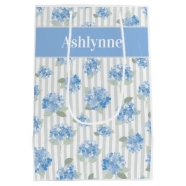 Elegant Blue Hydrangea Pattern Gray Stripe Name Medium Cadeauzakje