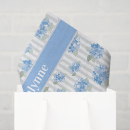 Elegant Blue Hydrangea Pattern Gray Stripe Name Tissuepapier