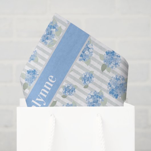 Elegant Blue Hydrangea Pattern Gray Stripe Name Tissuepapier (Cadeauzakje)