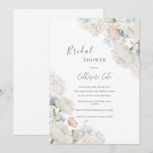 Elegant Blue Hydrangea Peonies Bridal Shower  Kaart (Voorkant / Achterkant)