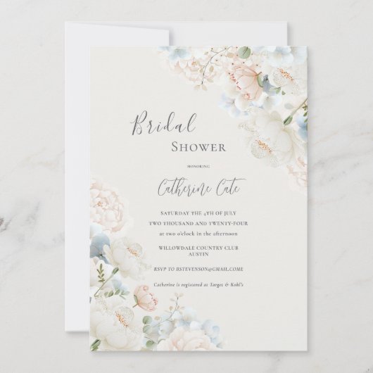 Elegant Blue Hydrangea Peonies Bridal Shower Kaart (Voorkant)