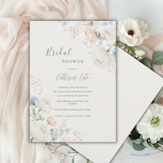 Elegant Blue Hydrangea Peonies Bridal Shower Kaart