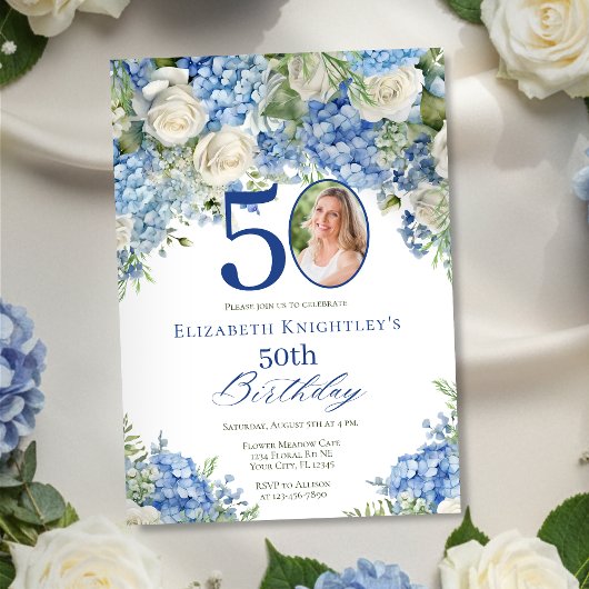 Elegant Blue Hydrangea Roses Photo Birthday Party Kaart