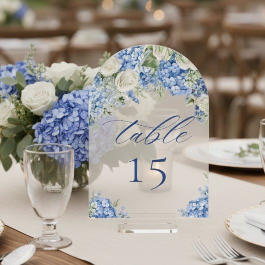 Elegant Blue Hydrangea Roses Wedding Table Number Acryl Uitnodigingen