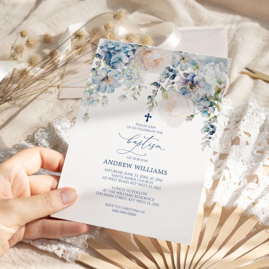 Elegant Blue Hydrangea & Rozen Baptisme Invitation Kaart