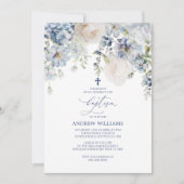 Elegant Blue Hydrangea & Rozen Baptisme Invitation Kaart (Voorkant)