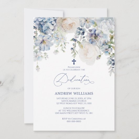 Elegant Blue Hydrangea & Rozen Dedication Kaart (Voorkant)