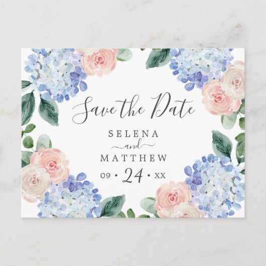 Elegant Blue Hydrangea Save the Date Briefkaart (Voorkant)
