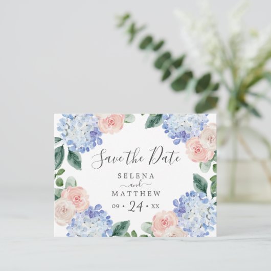 Elegant Blue Hydrangea Save the Date Briefkaart (Staand voorkant)