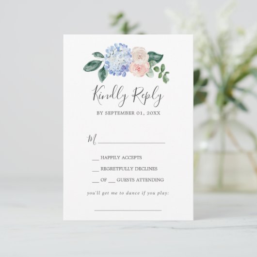 Elegant Blue Hydrangea Song Request RSVP Card (Staand voorkant)