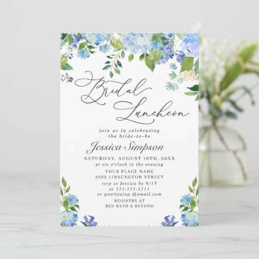 Elegant Blue Hydrangea Waterverf Bridal Luncheon Kaart (Staand voorkant)