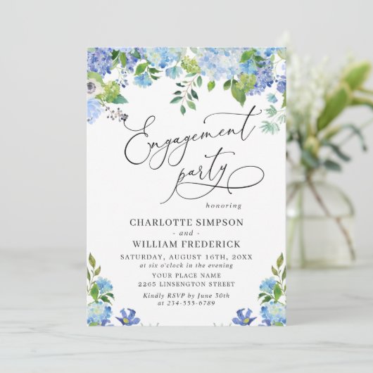 Elegant Blue Hydrangea Waterverf ENGAGTY Kaart (Staand voorkant)