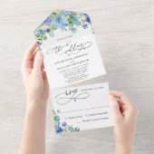 Elegant Blue Hydrangea Waterverf Greenery Wedding All In One Uitnodiging (Afscheurbaar)