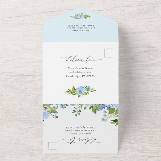 Elegant Blue Hydrangea Waterverf Greenery Wedding All In One Uitnodiging (Buitenkant)