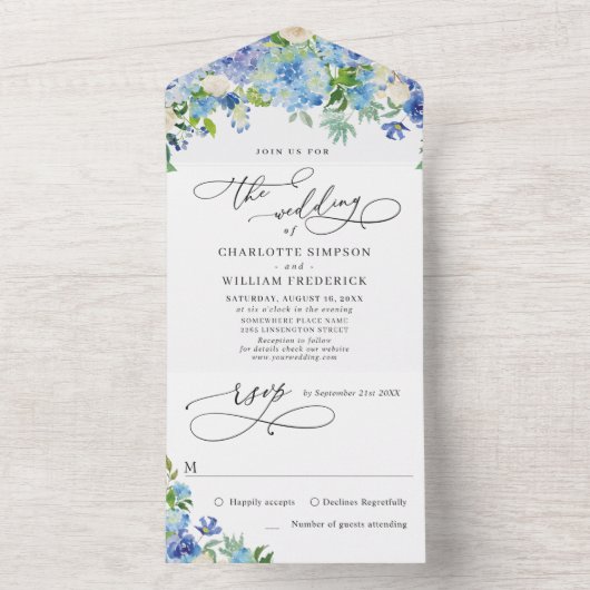 Elegant Blue Hydrangea Waterverf Greenery Wedding All In One Uitnodiging (Binnen)