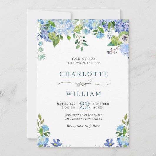 Elegant Blue Hydrangea Waterverf Greenery Wedding Kaart (Voorkant)
