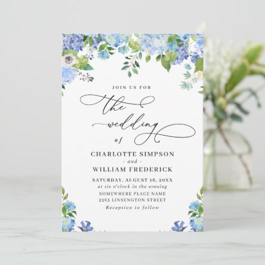 Elegant Blue Hydrangea Waterverf Greenery Wedding Kaart (Staand voorkant)