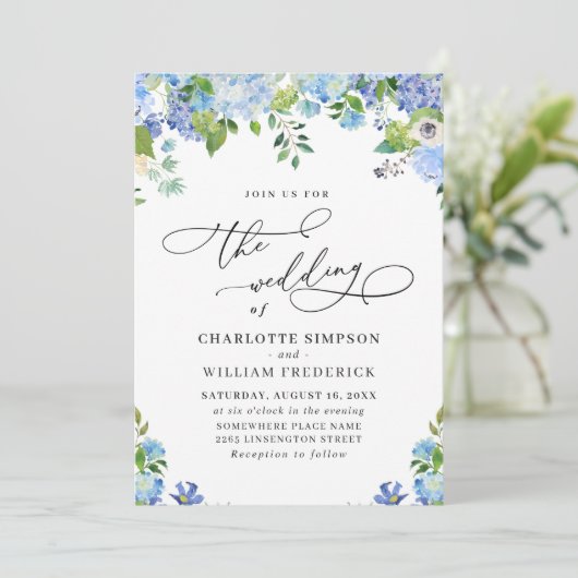 Elegant Blue Hydrangea Waterverf Greenery Wedding Kaart (Staand voorkant)