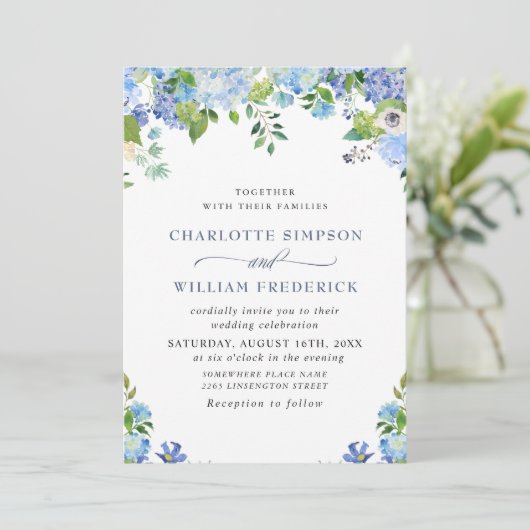Elegant Blue Hydrangea Waterverf Greenery Wedding Kaart (Staand voorkant)