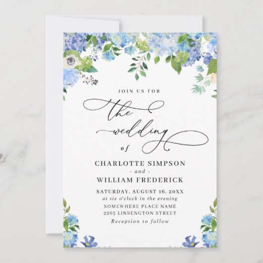 Elegant Blue Hydrangea Waterverf Greenery Wedding Kaart (Voorkant)