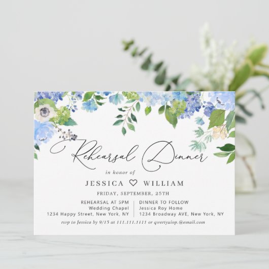 Elegant Blue Hydrangea Waterverf REHEARSAL DINNER Kaart (Staand voorkant)