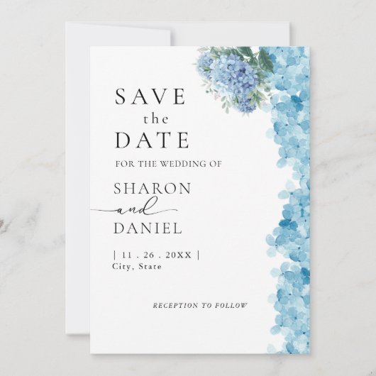 Elegant Blue Hydrangea Waterverf Save The Date (Voorkant)