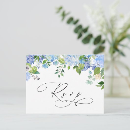 Elegant Blue Hydrangea Waterverf Wedding RSVP Briefkaart (Staand voorkant)