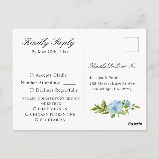 Elegant Blue Hydrangea Waterverf Wedding RSVP Briefkaart (Achterkant)