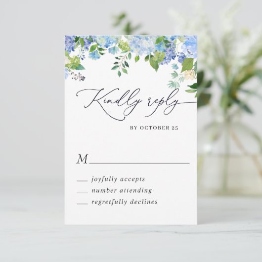 Elegant Blue Hydrangea Waterverf Wedding RSVP Kaartje (Staand voorkant)