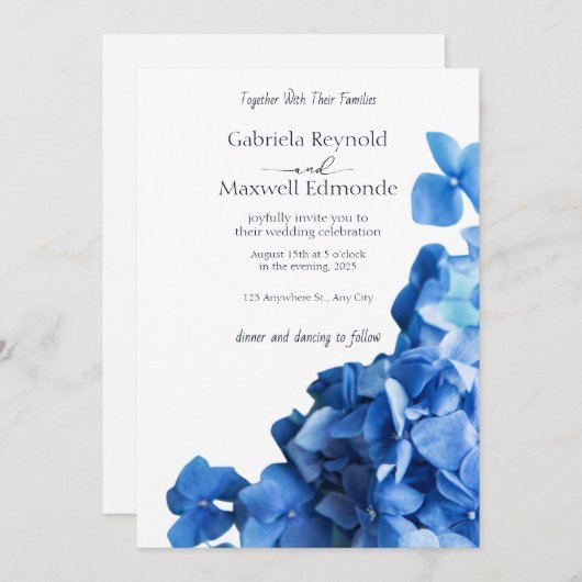 Elegant Blue Hydrangea Wedding Invitation Kaart (Voorkant / Achterkant)