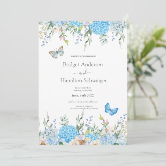 Elegant Blue Hydrangea Wedding Invitation Kaart (Staand voorkant)