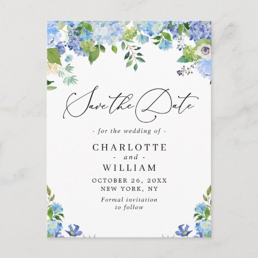 Elegant Blue Hydrangea Wedding QR Save the Date Briefkaart (Voorkant)