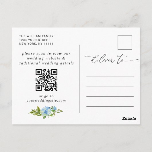 Elegant Blue Hydrangea Wedding QR Save the Date Briefkaart (Achterkant)
