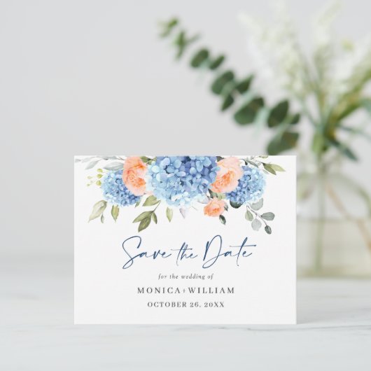 Elegant Blue Hydrangea Wedding Save the Date Briefkaart (Staand voorkant)