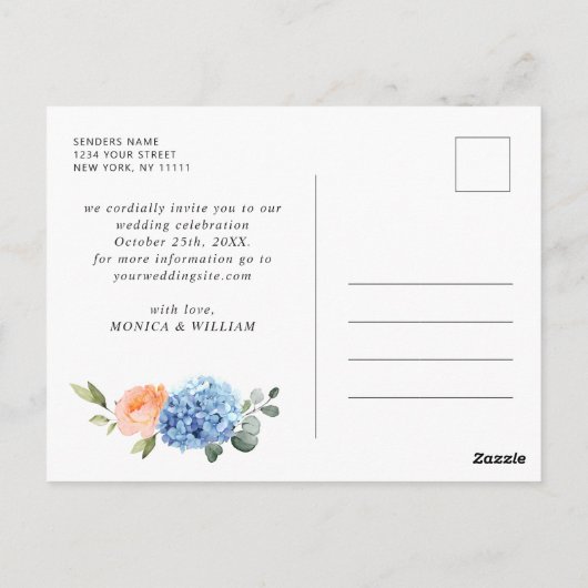 Elegant Blue Hydrangea Wedding Save the Date Briefkaart (Achterkant)