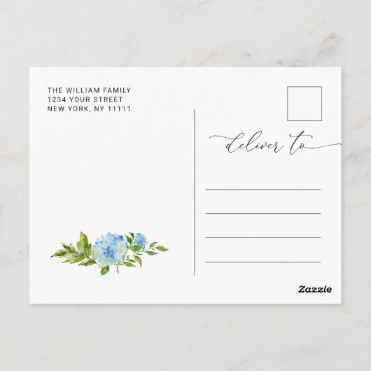 Elegant Blue Hydrangea Wedding Save the Date Briefkaart (Achterkant)