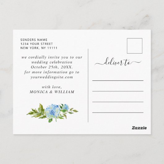 Elegant Blue Hydrangea Wedding Save the Date Briefkaart (Achterkant)